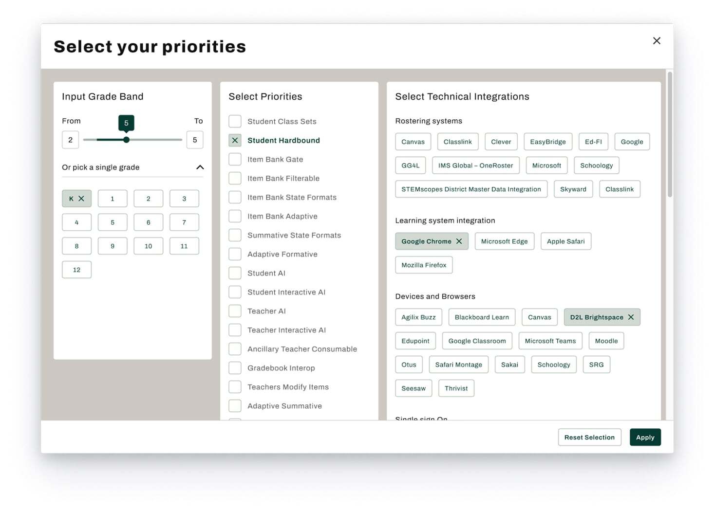 Florida Materials Navigator Curricula Screening Tool - Select your priorities interface